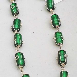 NECKLACE, WIRE WRAPPED GLASS TUBES WITH METALLIC HIGHLIGHTS, TAG ON, 18 INCHES,